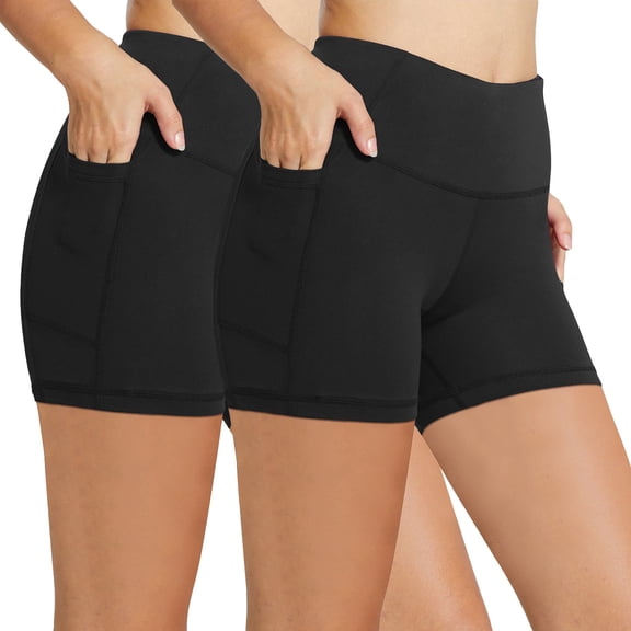 BALEAF Biker Shorts Women Yoga Gym Workout Spandex Running Volleyball Tummy Control Compression with Pockets 5" 2-Pack Black/Black L