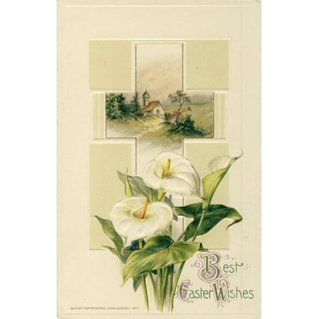 Postcard 1912 Best Easter Wishes with Cross & Lilies Canvas Art - Unknown (18 x