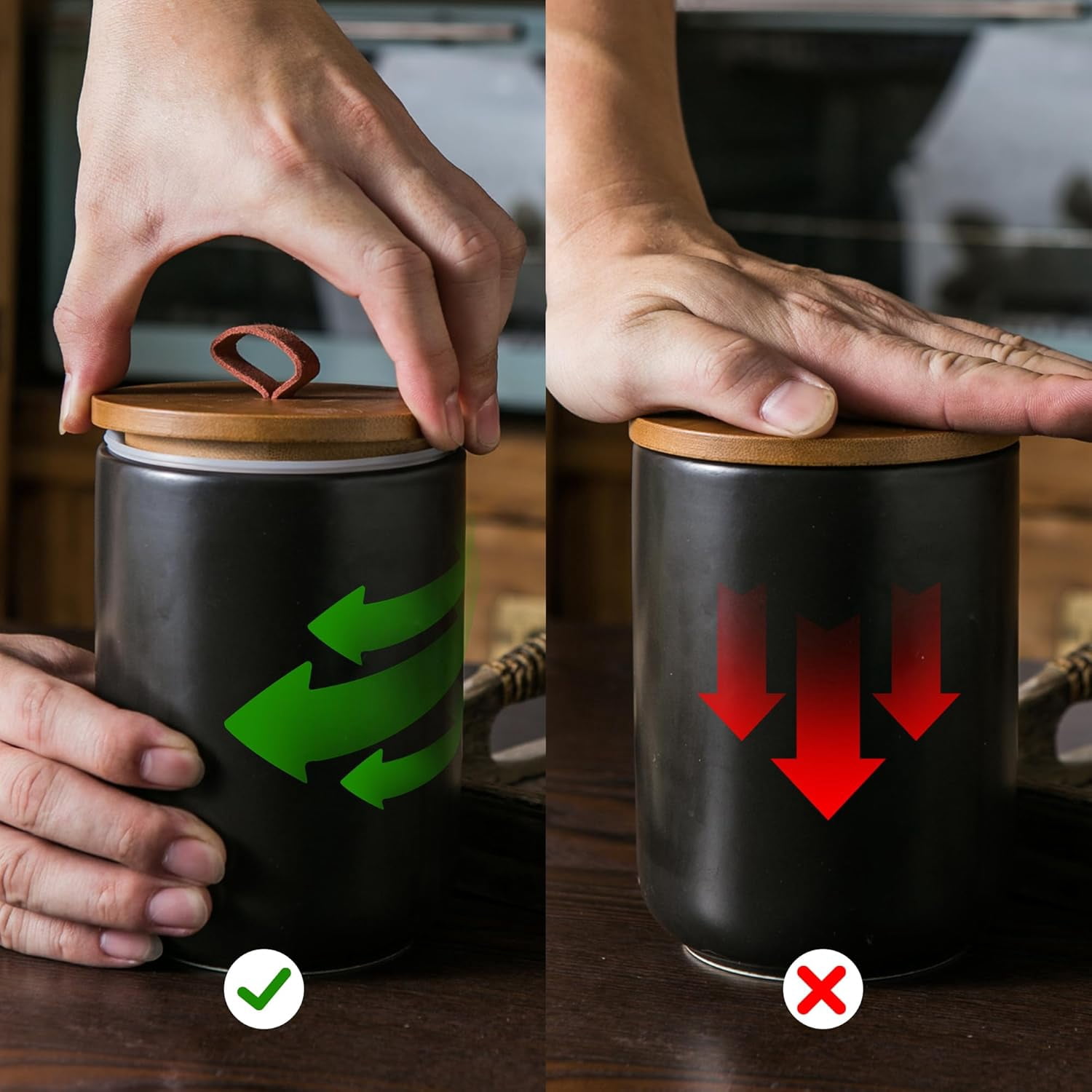 Black Ceramic Canister Set with Wooden Lid, 3-Piece Airtight Food Storage Jars for Kitchen Counter - Flour, Sugar, Coffee, Tea, Spice - Small, Medium, Large Sizes