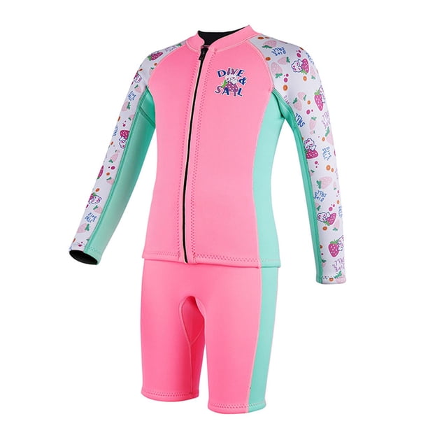 Trajes de neopreno para niños, traje de buceo para niñas, pantalones cortos de manga larga, cremallera para Rosa S