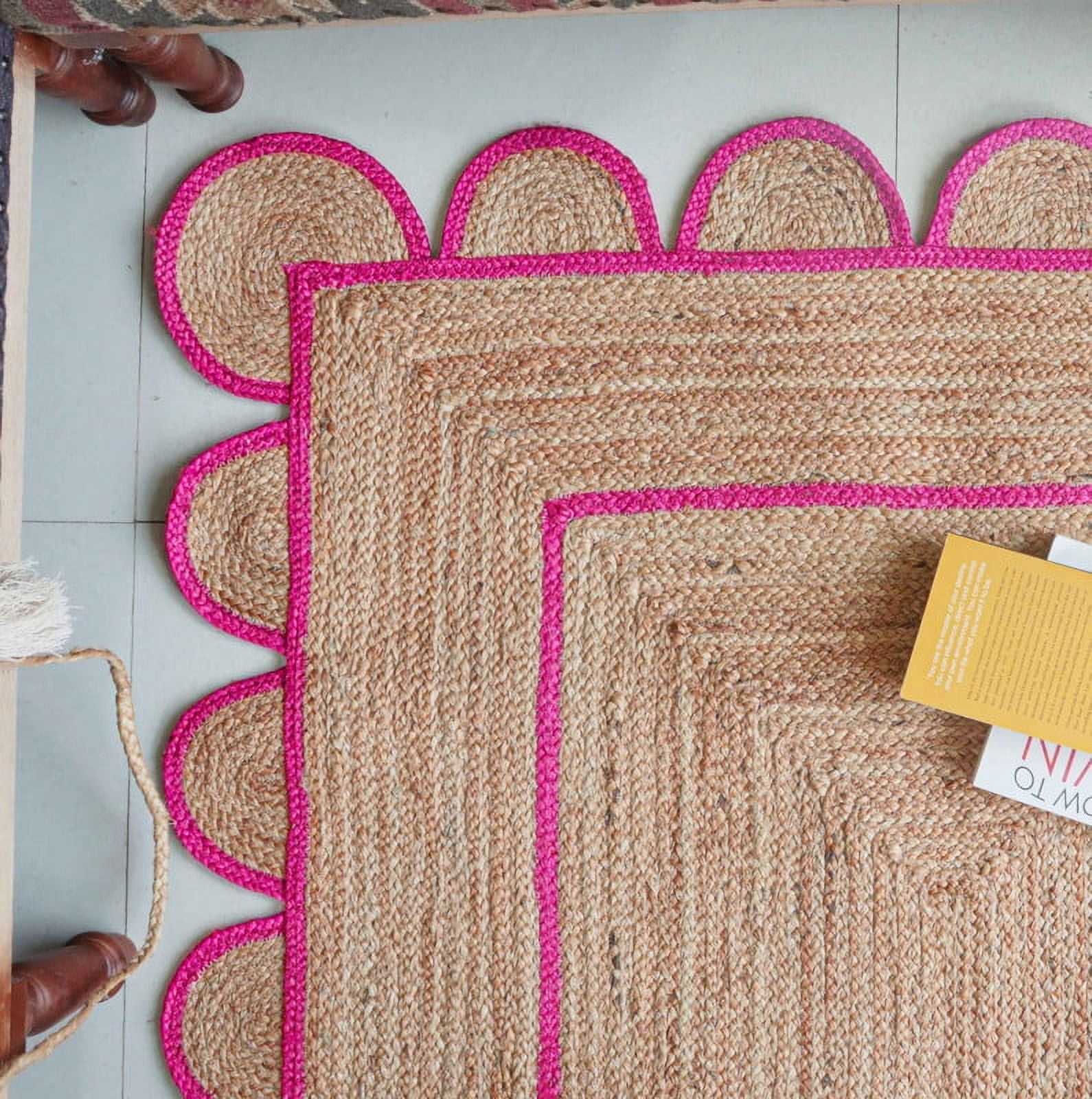 Area Rug Natural Jute Hand Braided Rug Pink Scalloped Runner