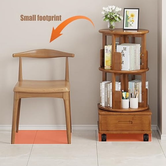 360°Rotating End Table 2 Tiers Children's Bookshelf Large Capacity Reading Rack Storage, 8 Compartments Night Stand Bedside End Table, Storage Table with 1 Drawers & Wheels (16.1×3