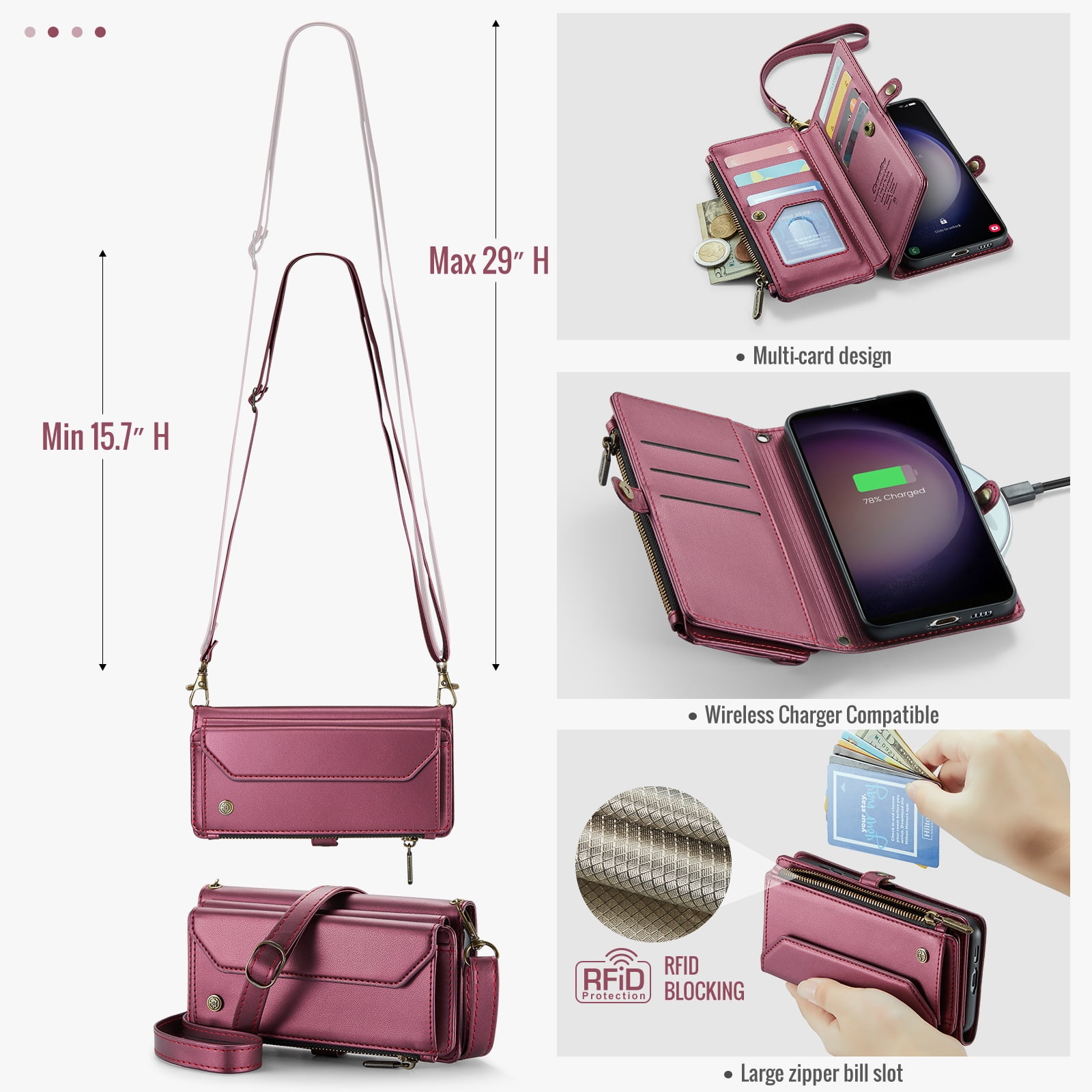 for Samsung Galaxy S23 Plus Full Body Protection Wallet Folio Flip Case, Shoulder Strap & Wristlet Card Slots Zipper Pocket RFID Blocking Rugged Durable PU Leather Phone Case Cover, Winered