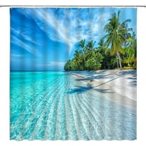 Beach Tropical Shower Curtain - Ocean Palm Tree Summer Hawaiian Coastal Seascape Nature Scene, Polyester Curtains with Hooks, Perfect for Coastal-Inspired Bathrooms, Adds a Relaxing Vacation Vibes