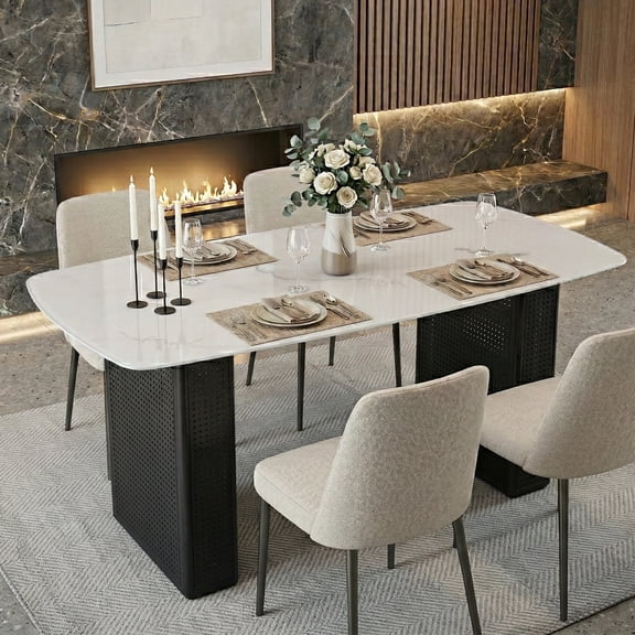 Mintazer 55" Modern Rectangular Dining Table with Marble Tempered Glass Top & Black Perforated Metal Legs, Luxury Kitchen Table for 6-8 People, Black & White