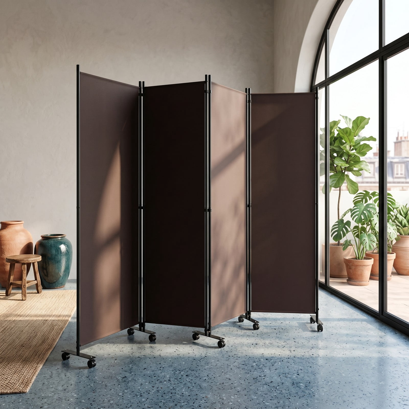 ALPULON 4 Panel Folding Privacy Screen Room Divider with Universal Wheels, Portable Freestanding Polyester Fabric Partition Panel for Bedroom Living Room Office, Brown