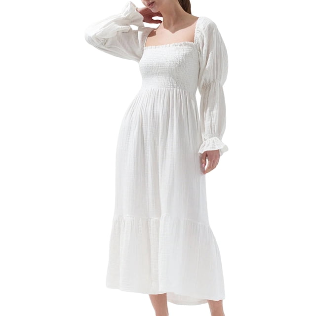 Vestido Tsseiatte para mujer, escote cuadrado, hombros descubiertos, manga larga abullonada, fruncido, cintura alta, informal, corte A