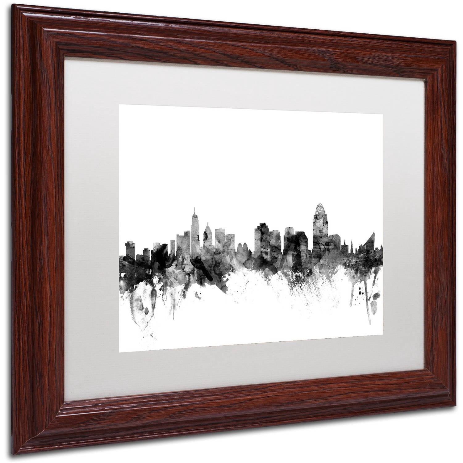 Trademark Fine Art "Cincinnati Ohio Skyline B&W" Canvas Art by Michael Tompsett, White Matte, Wood Frame