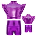thumbnail image 5 of TiaoBug Kids Girls Jazz Hip Hop Dance Outfit Sleeveless Ruffle Crop Tops with Metallic Shorts Set Dancewear Purple 16, 5 of 6