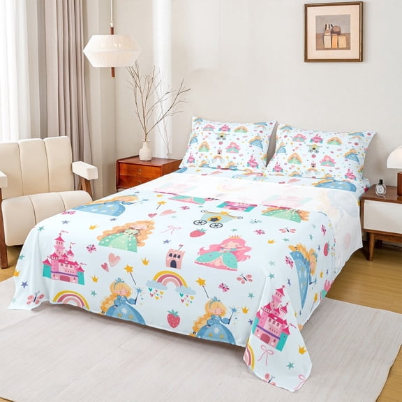 Erosebridal Kawaii Girl Bed Sheets Twin,Rainbow Castle Carriage Bedding Twin Size,Blue Fairy Tale Sheet Set Twin,Breathable Room Decoration,3pcs
