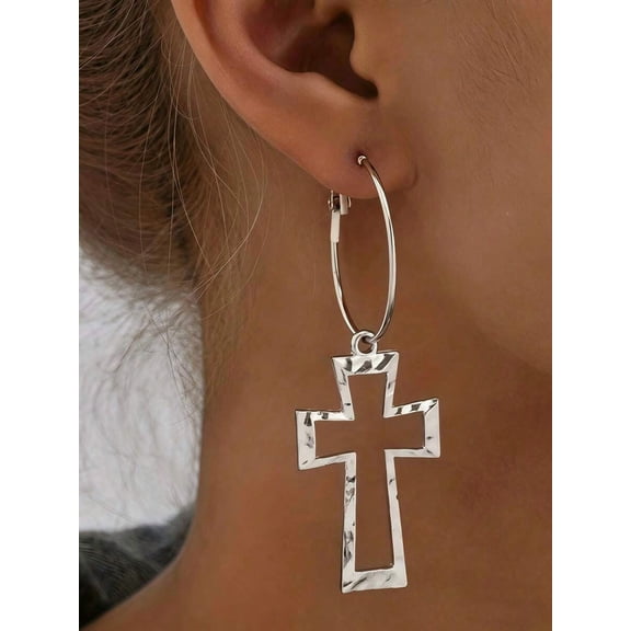 Silver-2 Hammered Cross Dangle Hoop Earrings For Women Fashion Jewelry