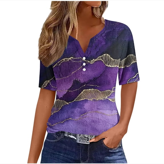 cocolona Womens Summer Tops 2025 Button V Neck Short Sleeve T-shirts Fashion Casual Loose Dressy Blouse Cute Print Tees S-3XL