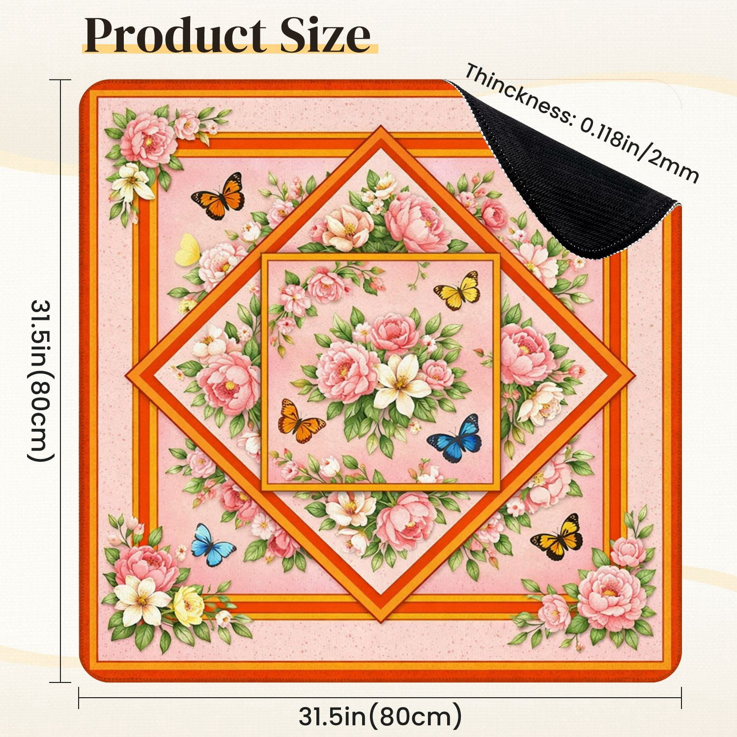 Mahjong Mat 31.5" x 31.5" Floral Diamond Butterflies Soft Pink Orange Non-Slip Noise Reduction Mahjong Tiles Table Cover for Dominoes Poker Card Board and Tile Games