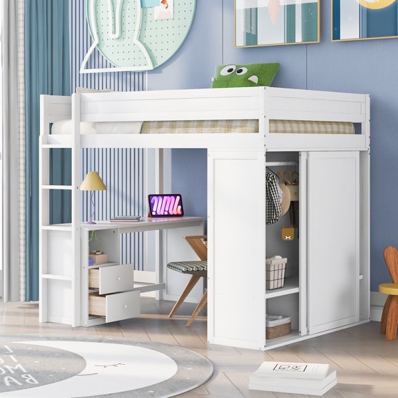 Harper & Bright Designs Full Loft Bed with Desk Wood Frame with Wardrobes White