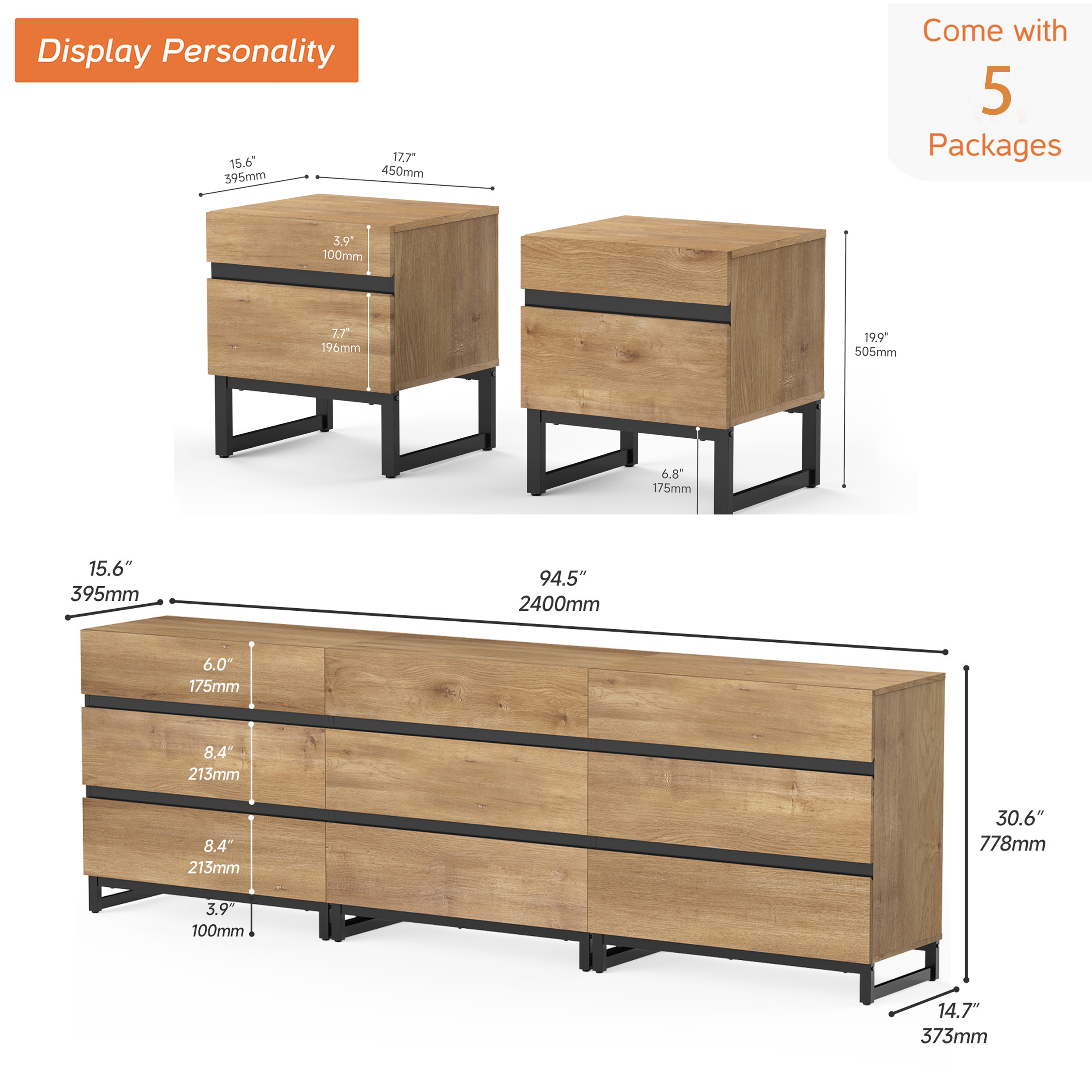 WAMPAT 3-Piece Bedroom Furniture Set, 94.5" Dresser & Chest with 6 Drawers, 2 Nightstands with 2 Drawers, Wooden Side Tables for Bedroom, Oak