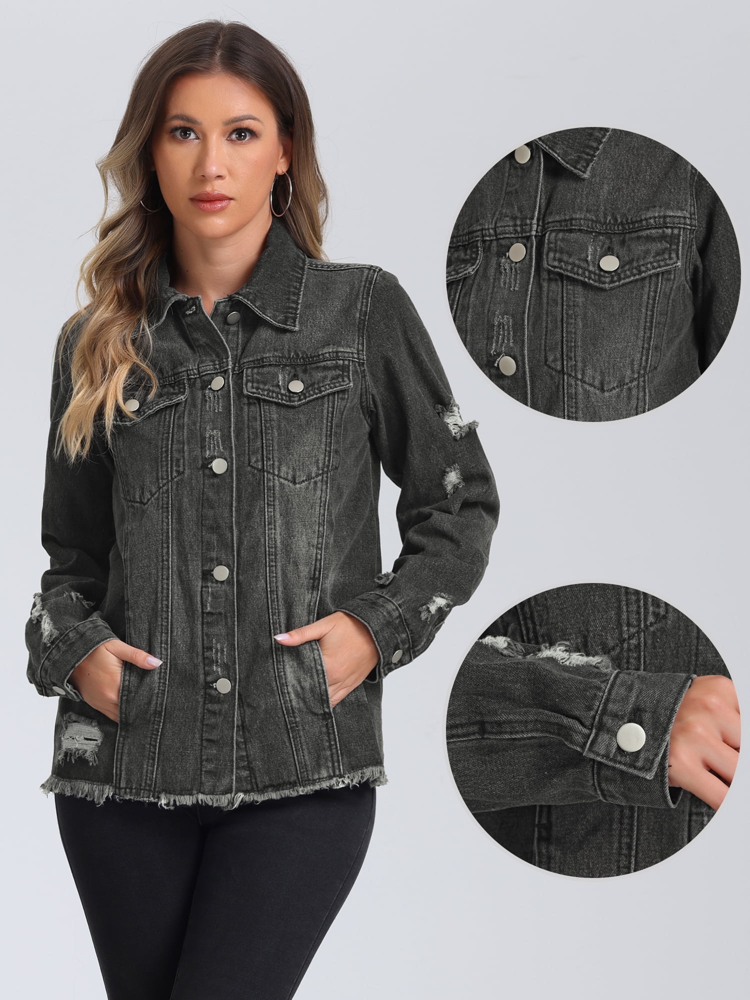 DARING DIVA Women's Frayed Distressed Washed Denim Jacket XL Black