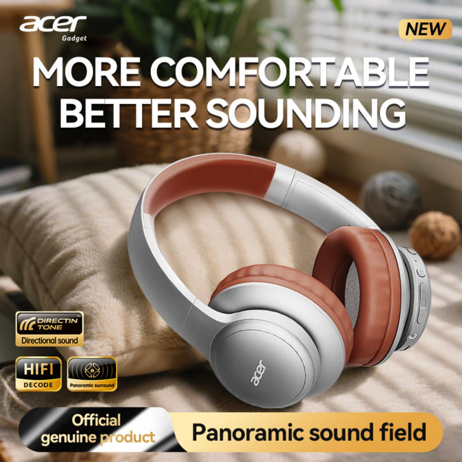 Acer Over-ear Headphones with 60H Playtime, Hi-Res Audio Foldable and Comfortable, Silver
