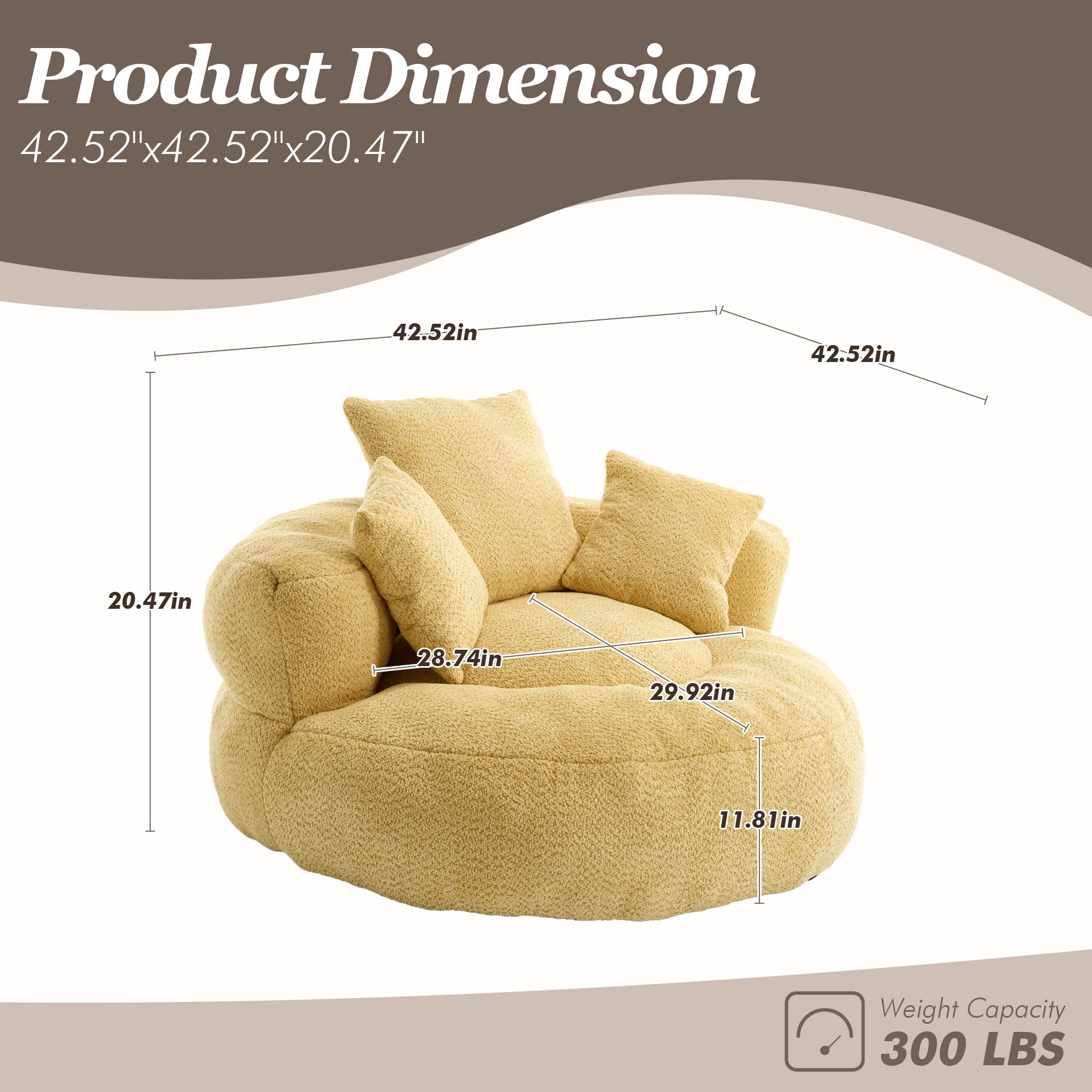 MOONMISS Oversized Bean Bag Chair, Chenille Lazy Bean Bag Sofa with Wrap-Around Backrest & Pillows for Living Room,Yellow