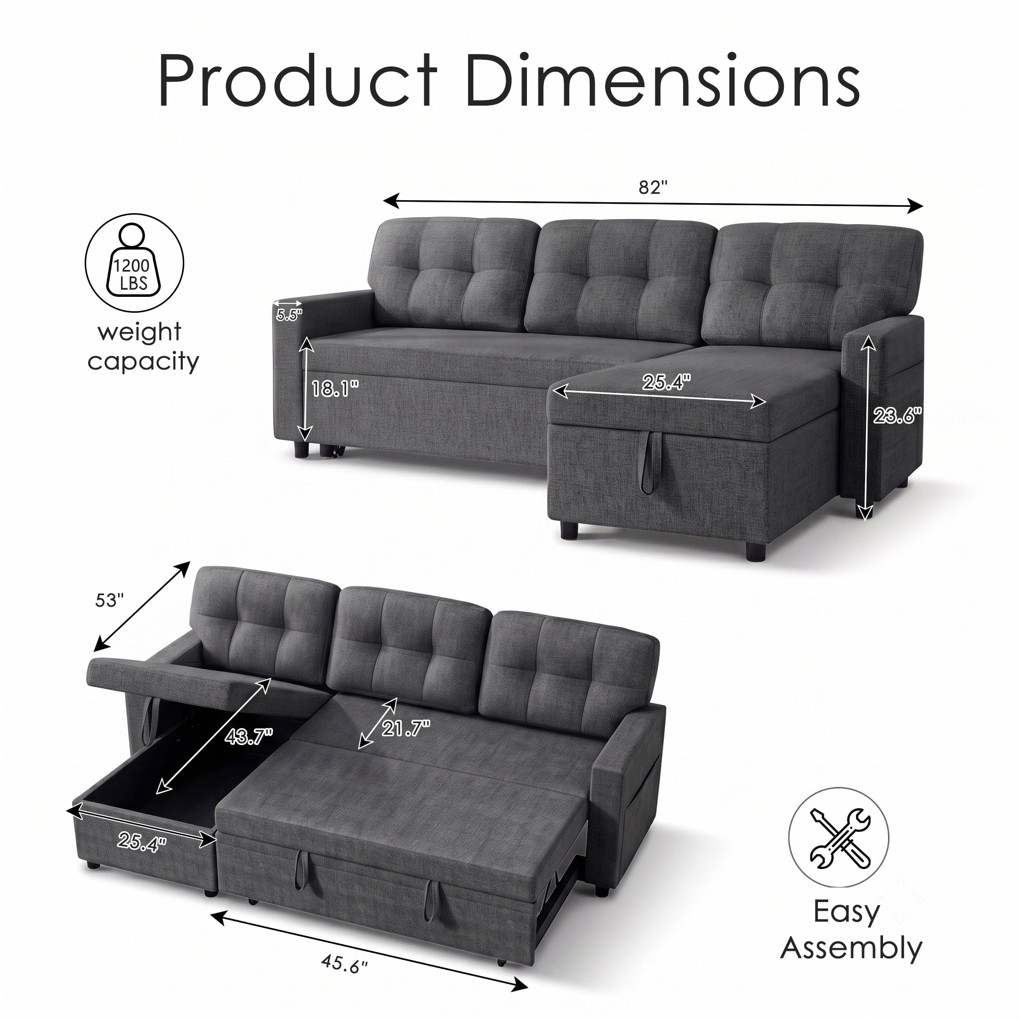 avobird 82" L Shaped Sleeper Sofa Bed, 3-Seat Convertible Sectional Couches with Storage Chaise, Linen Fabric Pull Out Couch for Living Rooms, Apartment, Dark Gray