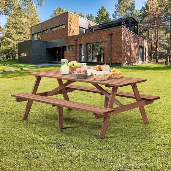 Outdoor Wooden Picnic Table with Benches and Umbrella Hole, Rustic Style Lifetime Picnic Table Bench Set for 6 or 8 Person for Backyard, Porch, Patio, and Deck, Brown