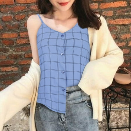 

Fashion Women V-Neck Casual Sleeveless Camis Vest Pliad Button Loose Tops
