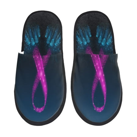 Balery Two Human Hands are Holds Pink Ribbon Awareness Slient Indoor Furry Fleece Comfort House Shoes Soft Non-Slip Home Shoes Cotton slippers House Slippers-- Medium