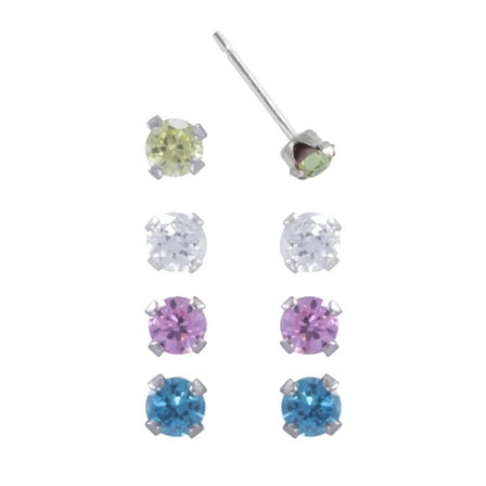 Brilliance Fine Women's Girl’s Sterling Silver Cubic Zirconia Round Stud Earring Set, 4 Pairs