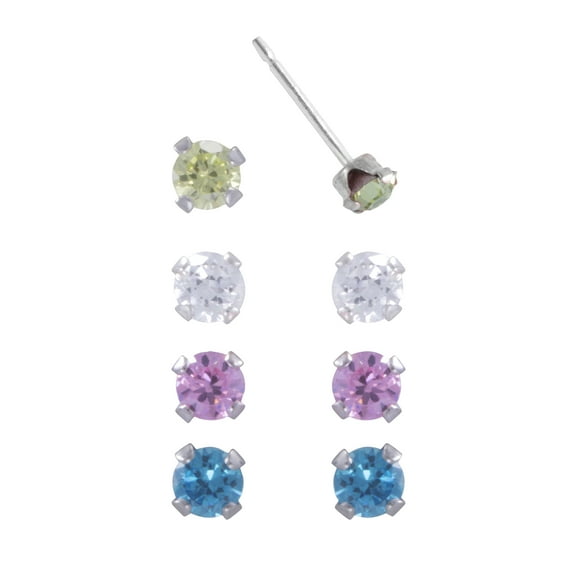 Brilliance Fine Women's Girl’s Sterling Silver Cubic Zirconia Round Stud Earring Set, 4 Pairs