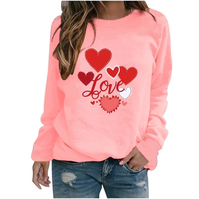 Amzcrzy Valentines Chandails de la Saint-Valentin pour Femmes Mode T-Shirt Graphique Cœur d'Amour Hauts Décontractés Confortables Col Rond Hauts de Printemps Été Classiques Polyvalents Manches Longues T-Shirts