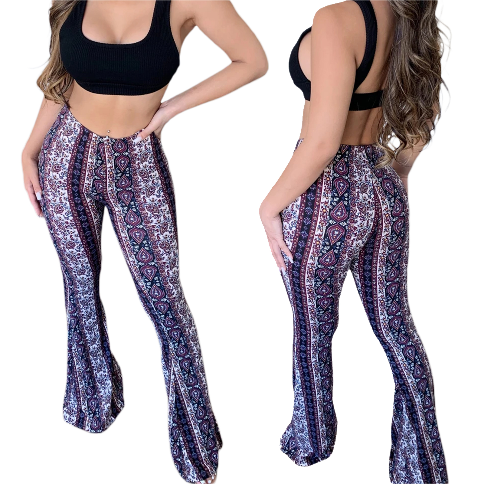 Women s Boho High Waist Flare Pants Stretch Bell Bottom Yoga Pants Hippie Flared Legging Palazzo Pants Trousers Plus Size S 3XL Walmart