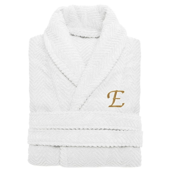 Authentic Hotel and Spa  White with Gold Monogrammed Herringbone Weave Unisex Bath Robe E L/XL