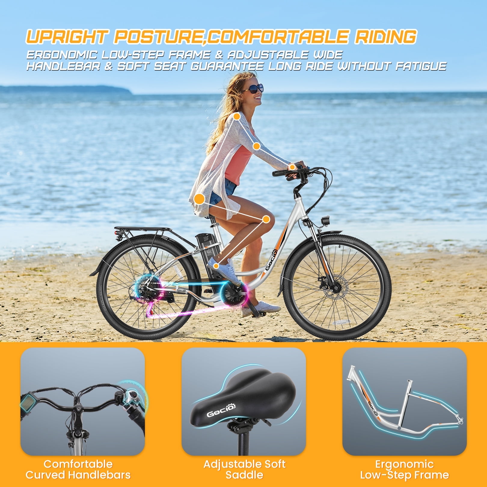 Gocio 26" Electric Bike for Adults, 750W Peak Motor Commuter E-Bike, 48V 7.8Ah Battery, 7-Speed, UL2849