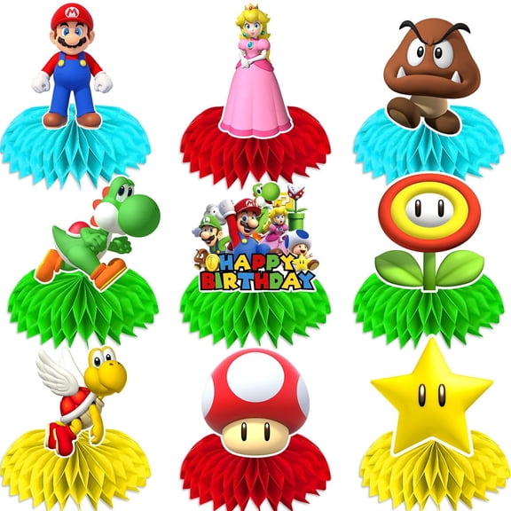 9Pcs Cartoon Mario Party Supplies Set Honeycomb Centerpieces Double Sided Table Topper for Birthday Decorations