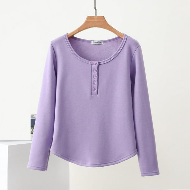 Pijama de manga larga para mujer, color liso, con botones, cuello redondo, manga larga, dobladillo inferior, abrigo cálido de terciopelo, pijama de manga larga, parte superior de poliéster para mujer