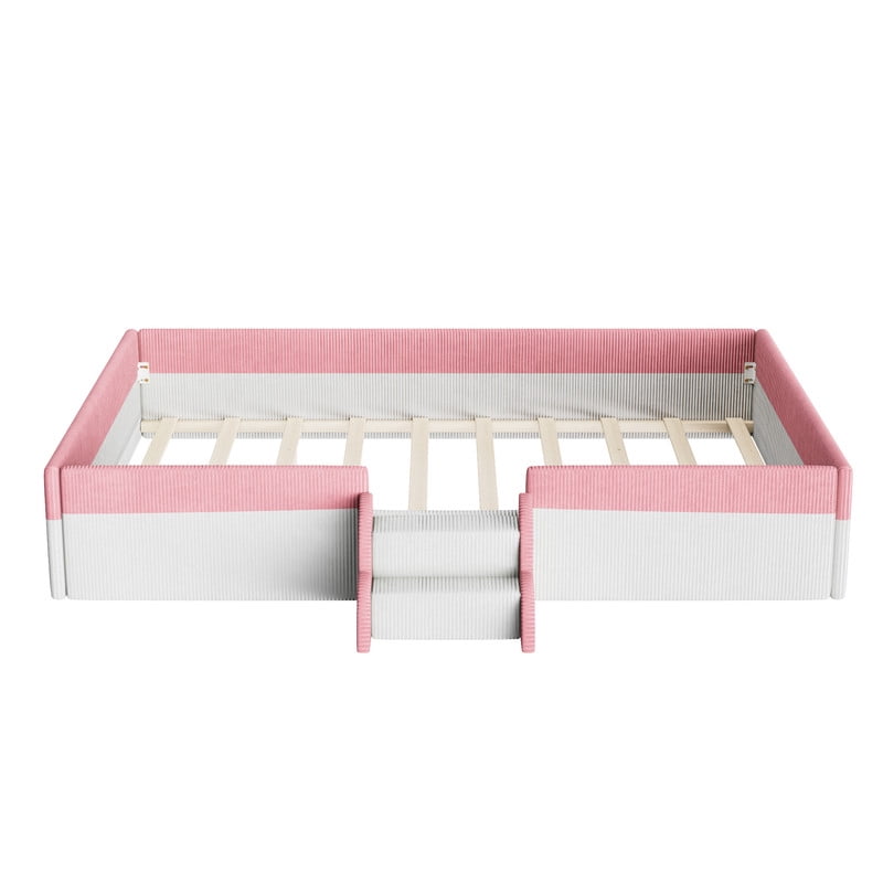 Full Size Upholstered Floor Bed with Fence, 2-Tier Steps and Smart LED Lights, Corduroy Platform Bed with Safety Guardrails, Kids Montessori Bed for Boys Girls