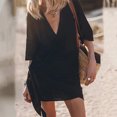 thumbnail image 1 of JUNWELL Été Casual Solide Couleur Coton Lin Mini Robe Femmes V Cou Dentelle une Ligne Robe Élégante Simple Demi-Manche Plage Robe en Vrac, 1 of 7