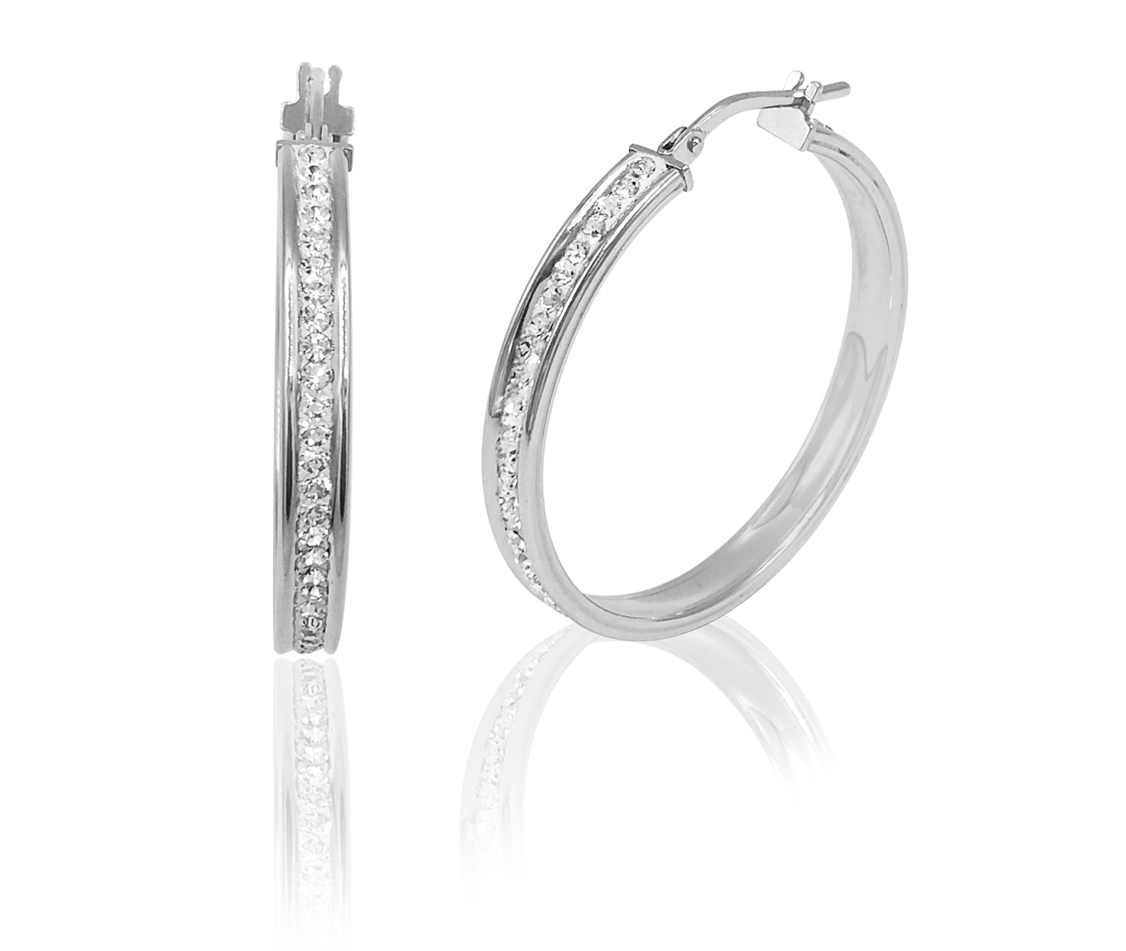 Brilliance Fine Jewelry Rhodium Plated Sterling Silver Classic Crystal Round Hoop Earring, Youth to Adult