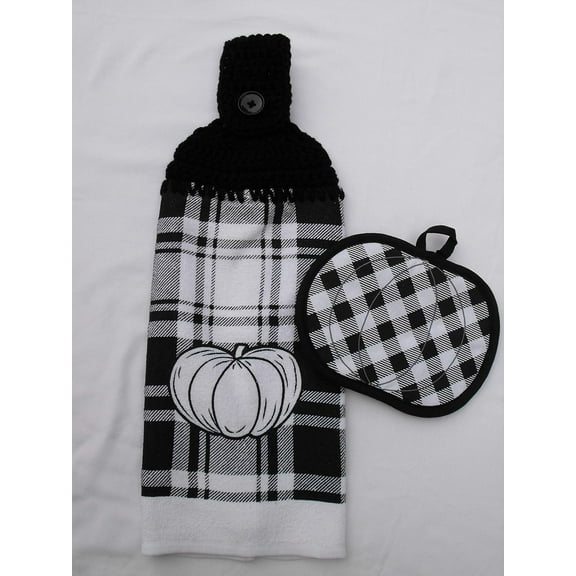 FARMHOUSE BLACK & WHITE PUMPKIN HANDMADE CROCHET TOP KITCHEN TOWEL AND MATCHING POTHOLDER - BLACK & WHITE PLAID - DOUBLE THICK