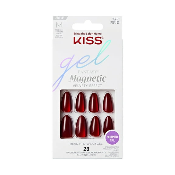 KISS Gel Fantasy Magnetic Press On Nails Almond, Solid  Red, Medium, 28 Count