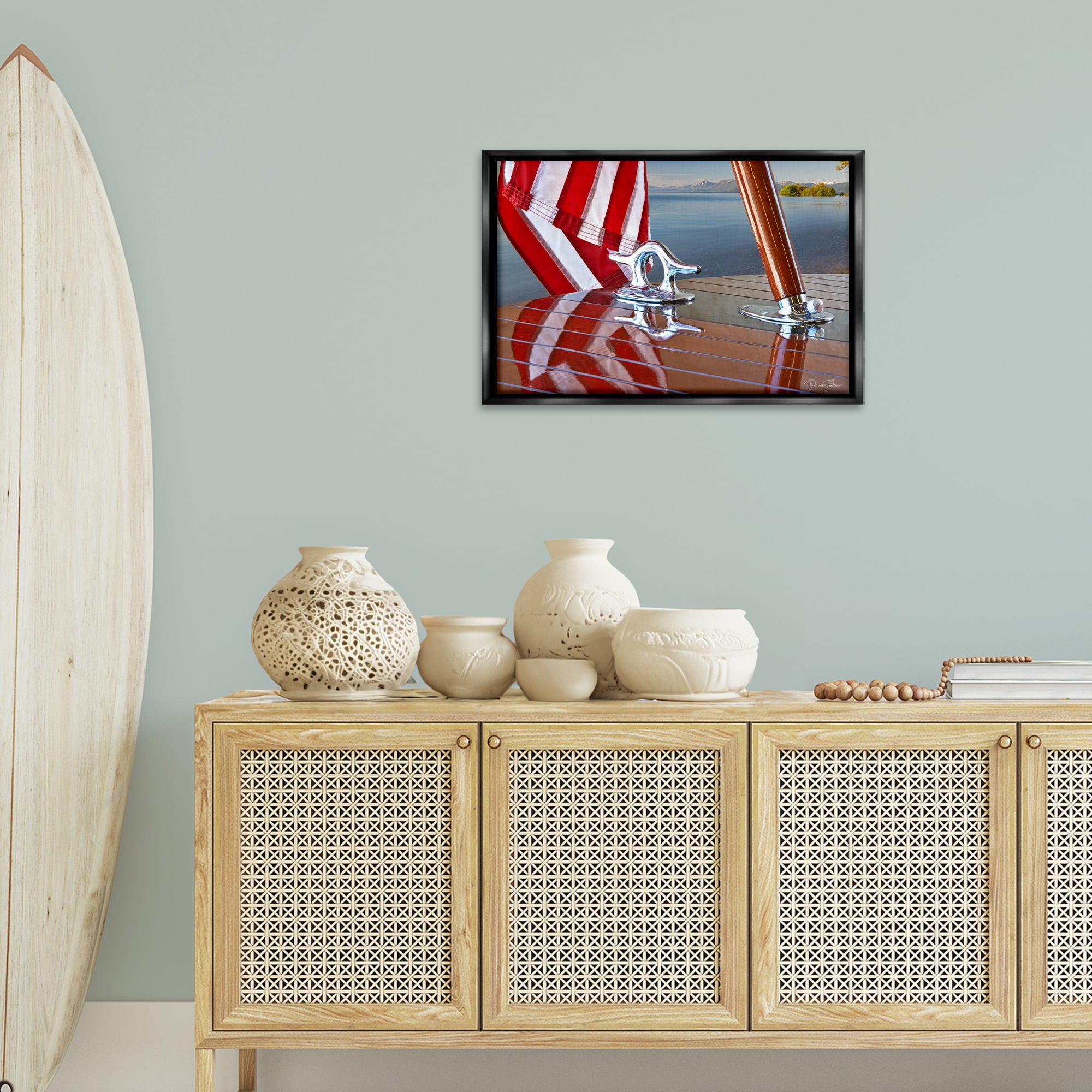 Stupell Industries Flag On Boat Hull Transportation Photography Black Floater Framed Canvas Art Print Wall Art, 25 x 17
