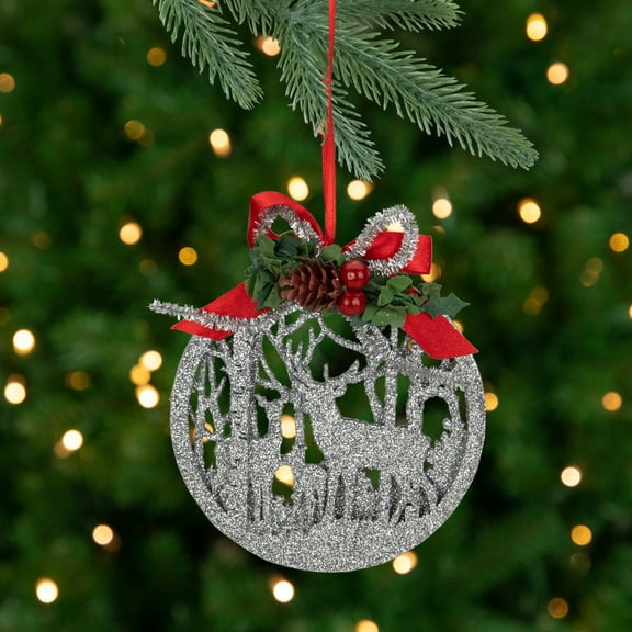 Northlight 2-D Glitter Reindeer Family Silhouette Christmas Ornament Disc - 4.5" - Silver