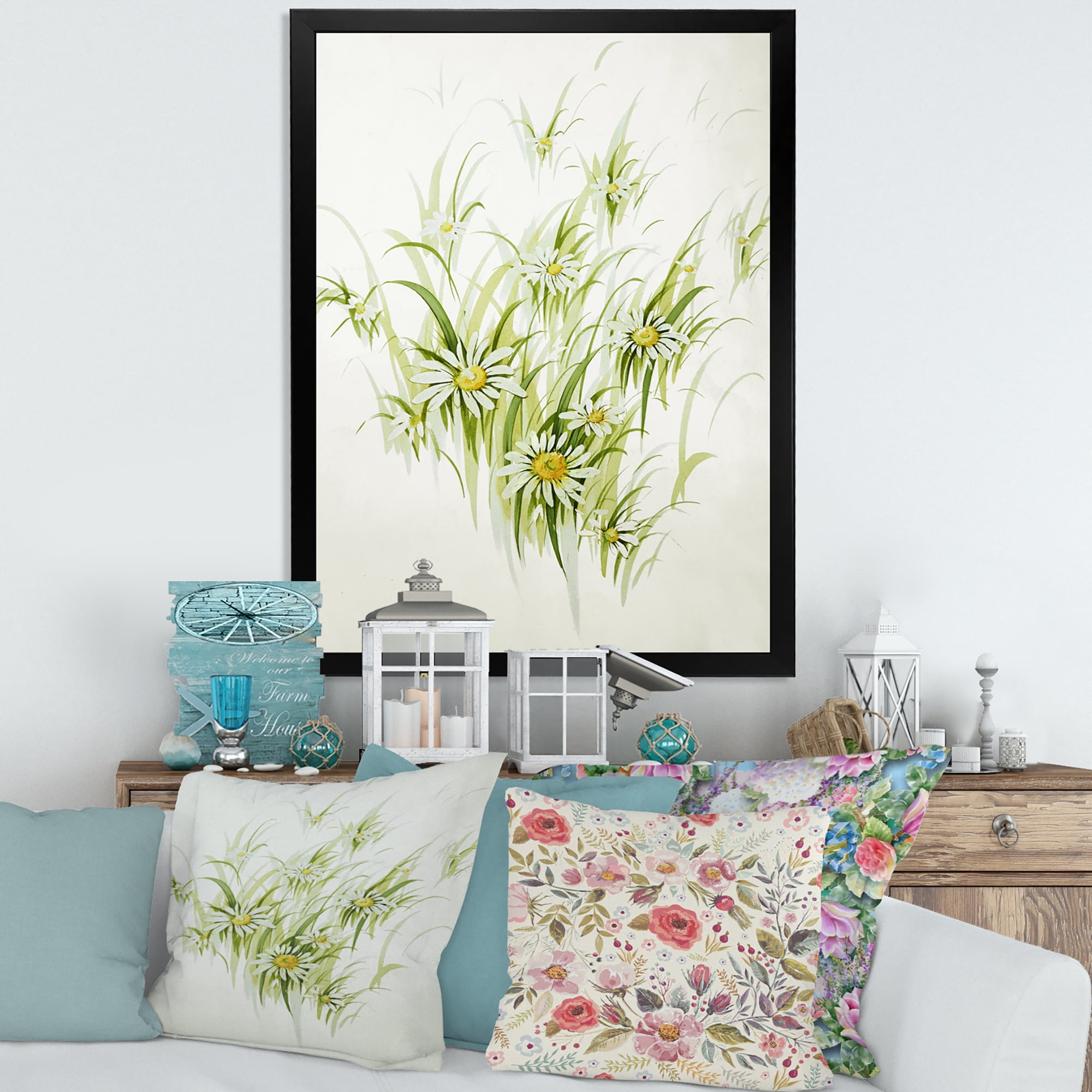Designart 'Abstract Retro Drawing of Flowers I' Vintage Framed Art Print