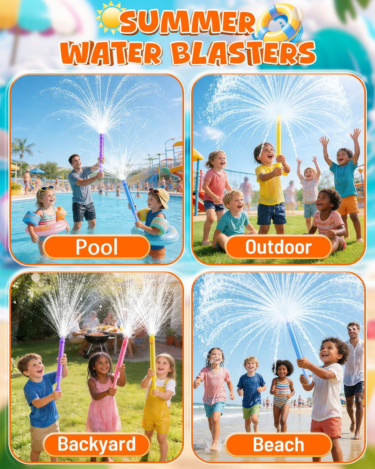4 Pack Sparkle Burst Water Blasters, For Pool, Beach, Backyard Outdoor Play Ages 4-12