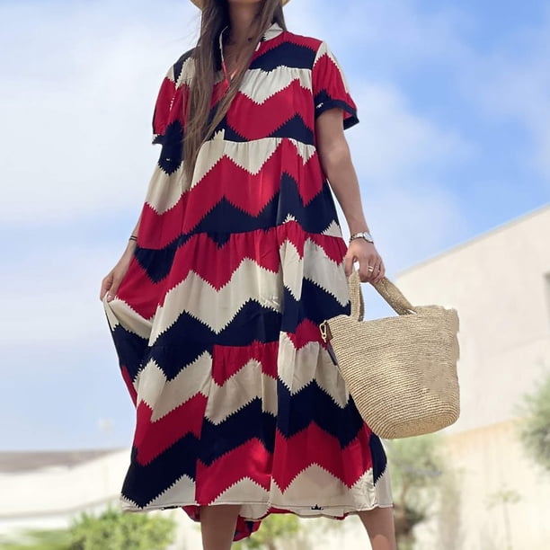Puntoco Vestido Holgado Con Cuello Redondo Y Manga Corta Con Botones Para Mujer, Falda Larga, Color Rojo, Xxl,Regalos Para Mujer Joven