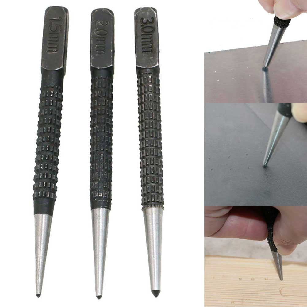 3Pc STEEL CENTRE PUNCH SET Point Metal Wood Scribe Marking Tool Black and silver 