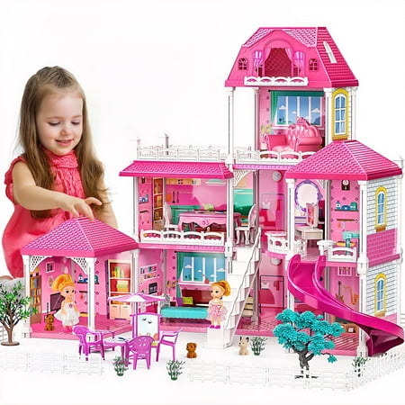 Hot Bee Kids Luxurious Dollhouse Set 24.8 Three-Story Villa with Slide 7 Rooms with 2 Dolls&4 Puppys Doll House Furniture Accessories Pink Christmas Gift Toys for Girls 3 4 5 6+