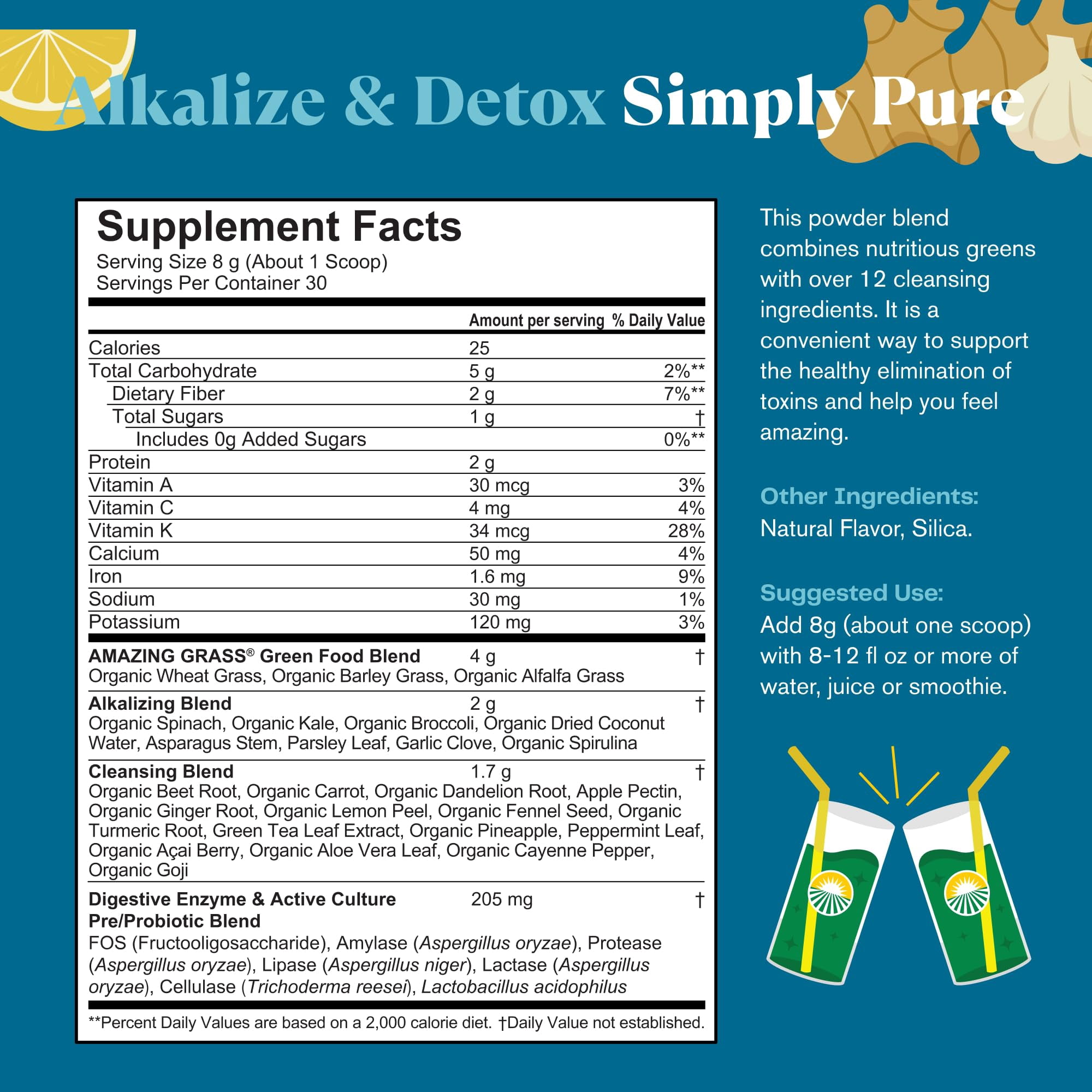 Amazing Grass Greens Blend Alkalize & Detox: Smoothie Mix, Cleanse with Super Greens & Beet Root Powder, Digestive Enzymes, Prebiotics & Probiotics, 30 Servings (Packaging May Vary)