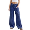 thumbnail image 5 of Elastic Waist Women Drawstring Mid Rise Wide Leg Long Denim Pants Jeans with Pocket, 5 of 5