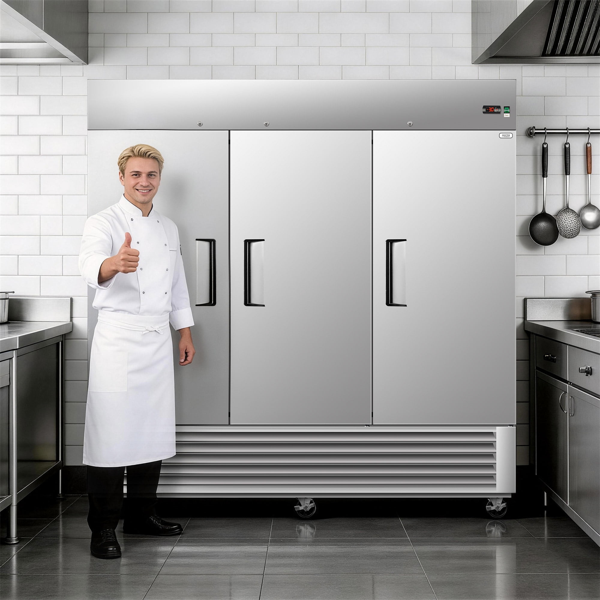 81" Commercial Expandable Upright Freezer, 3-Door Stainless Steel, 72 Cu.Ft., Adjustable Shelves, Auto Defrost, Digital Thermostat, LED Lighting