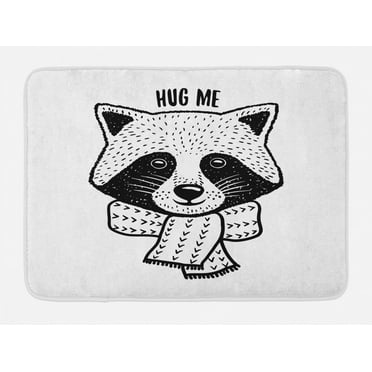 Hug Bath Mat, Outline Style Hand Drawn Raccoon with a Scarf and Hug Me Lettering, Plush Bathroom Decor Mat with Non Slip Backing, 29.5" X 17.5", Charcoal Grey and White, by Ambesonne
